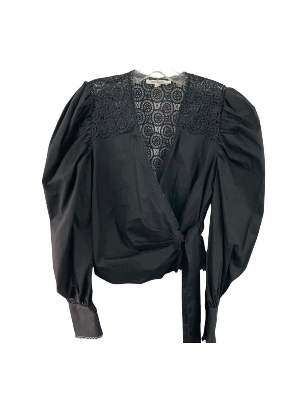 Haute Hippie Crochet Wrap Top Sz 4 Puff Sleeves Black Cotton Sheer Whimsigoth